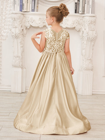 Vestido de niña de las flores de corte A, de satén y encaje, hasta el suelo 