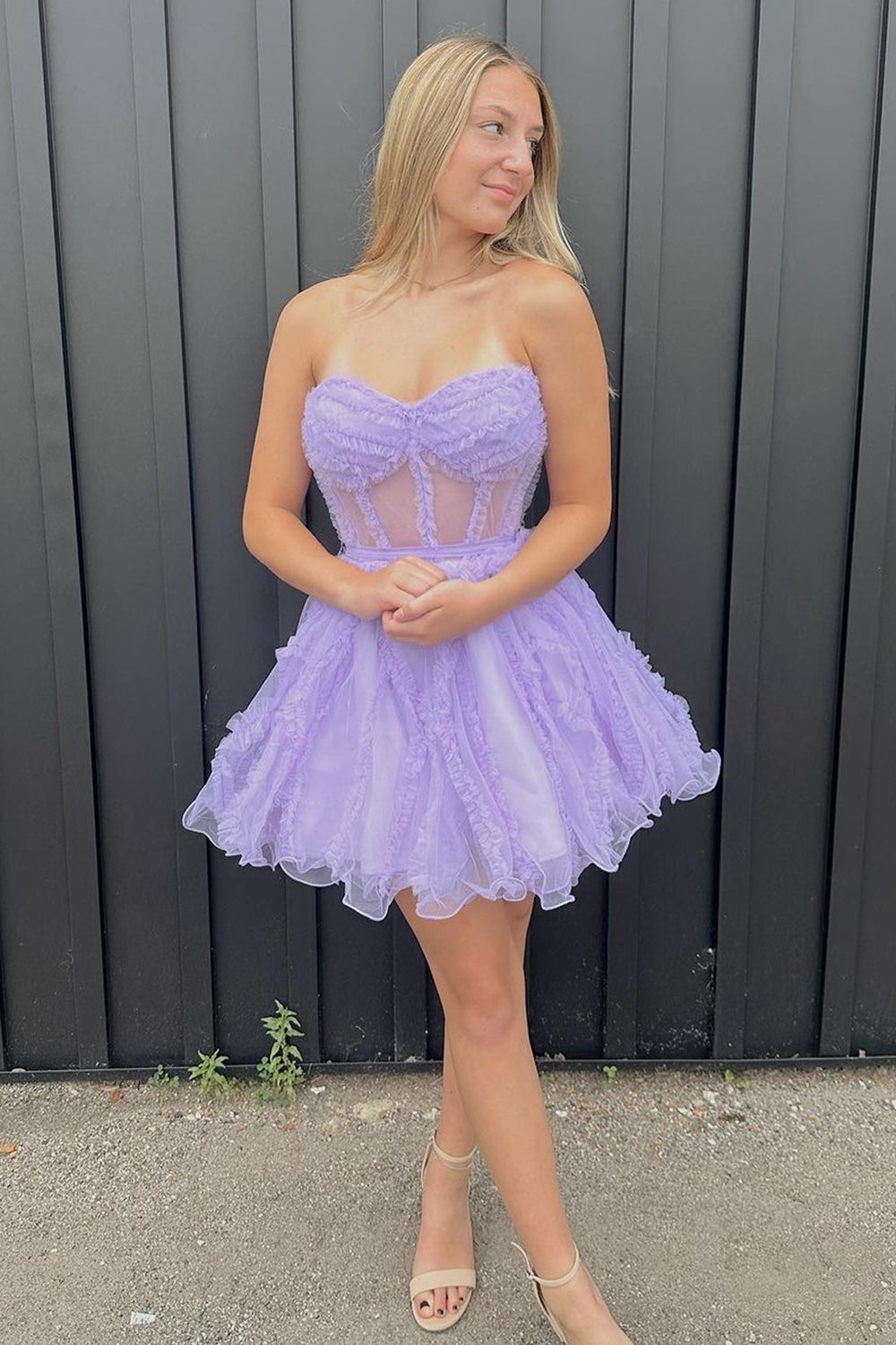 Vestido de fiesta de corte A, escote corazón, tul fucsia, corsé, moderno