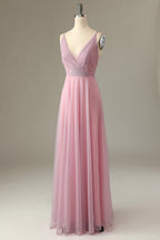 Vestido de dama de honor gris y rosa con tirantes finos y corte en A