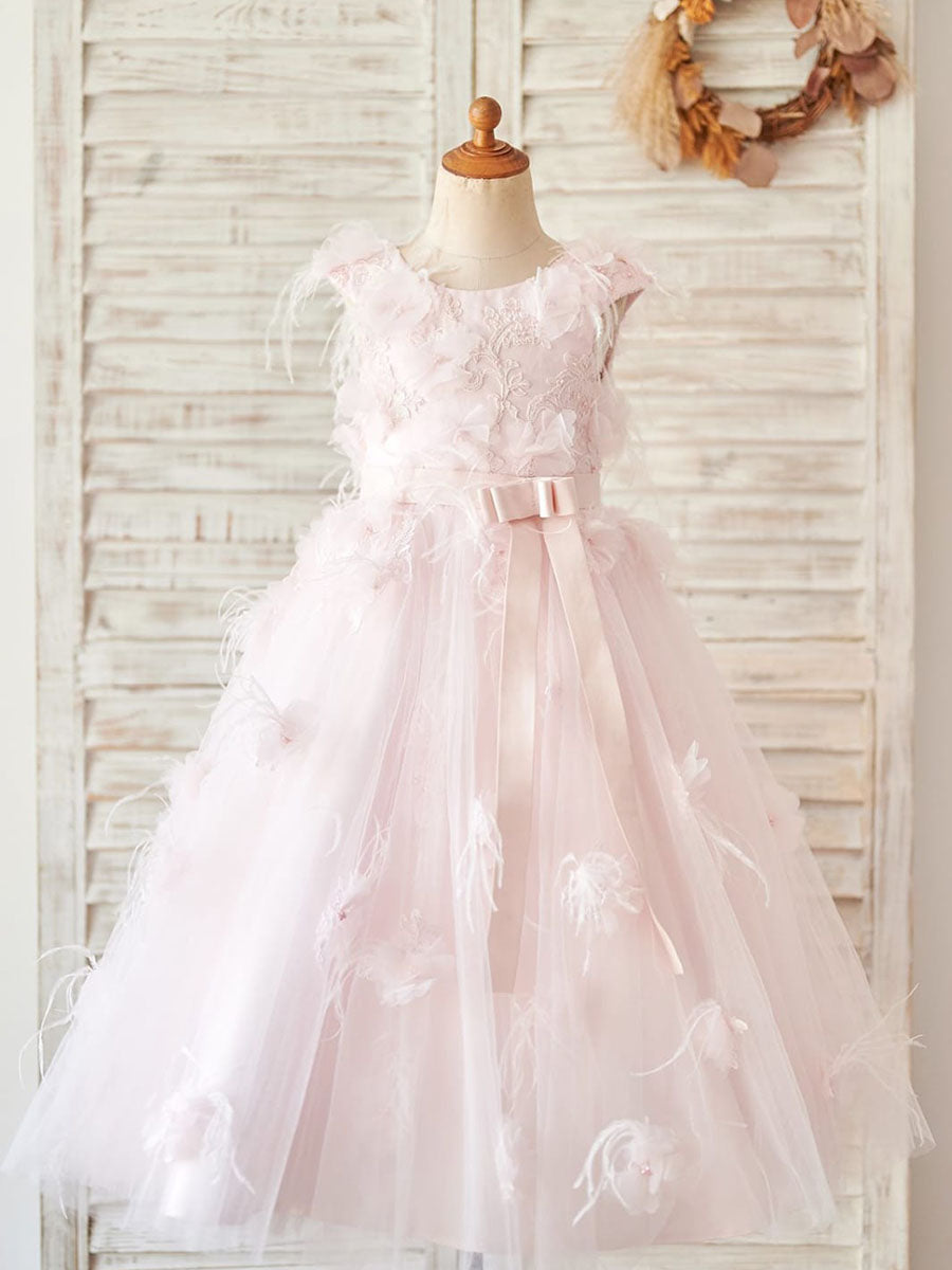 Vestido de princesa de tul y encaje para niña de las flores, estilo baile/vestido de princesa, hasta la rodilla 