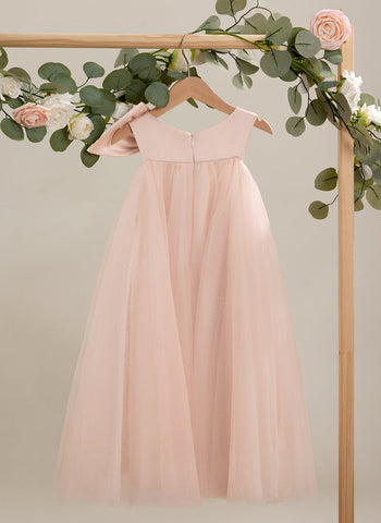 Vestido de niña pequeña de las flores, corte en A, con gran lazo y tul, hasta la rodilla. 