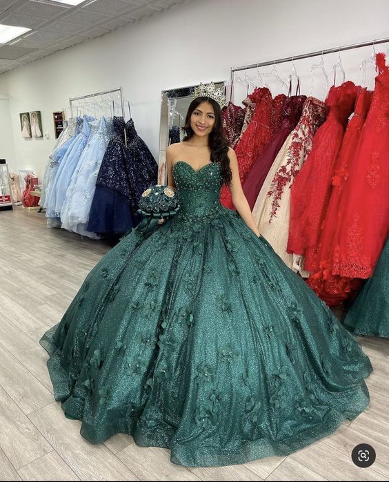 Vestido de noche romántico verde oscuro para adulto con escote corazón, corpiño de encaje aplicado, corte princesa Y289