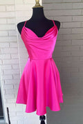 Vestido de fiesta de bienvenida corte línea A con cuello drapeado rosa neón Y286
