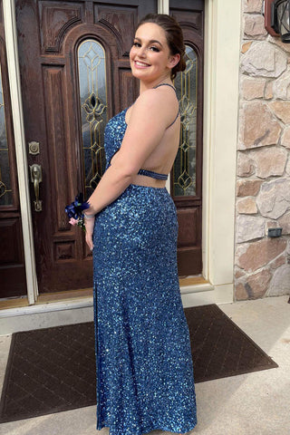 Sheath Halter Grey Blue Sequins Cut Out Plus Size Prom Dress with Split Front