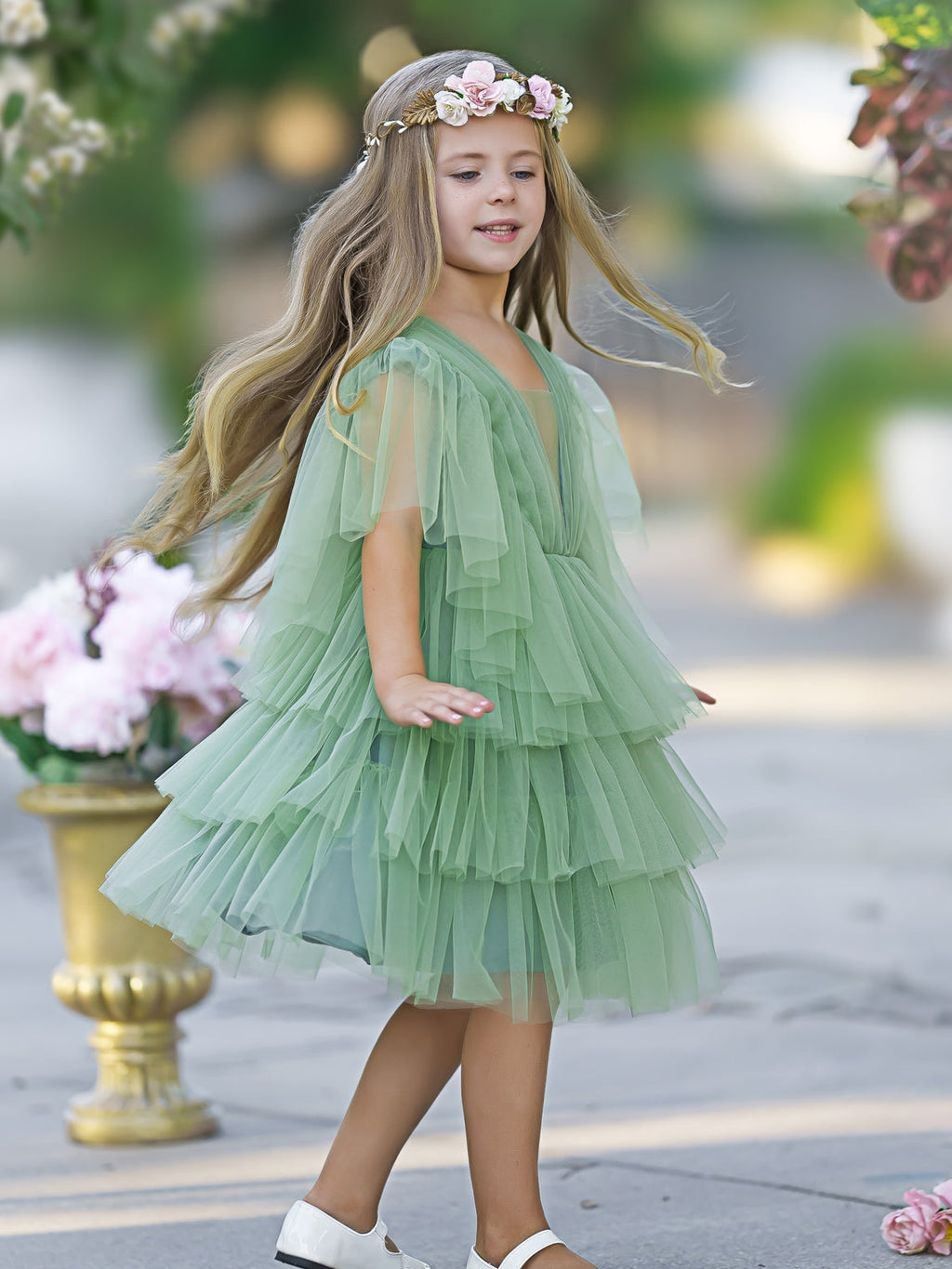 Vestido de niña de las flores de tul verde elegante de hada del jardín encantado