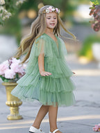 Vestido de niña de las flores de tul verde elegante de hada del jardín encantado