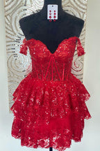 Vestido de fiesta negro de talla grande, corte en A, hombros descubiertos y corsé único.