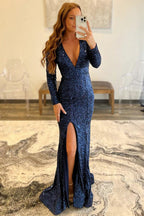 Robe de soirée sirène à paillettes bleu marine et sequins dos nu