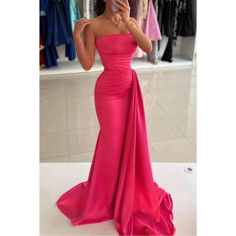 Fitted Strapless Sleeveless Ruched with Train Party Prom Evening Dress