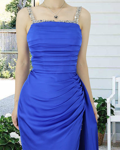 Spaghetti Straps Royal Blue Long Prom Dress with Slit and Pleated