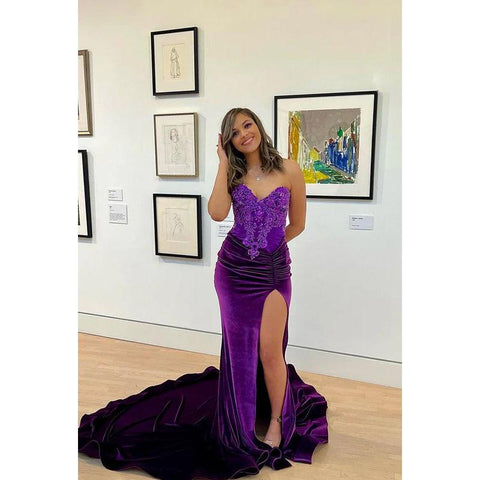 Robe de soirée sirène/trompette ornée, col en V, sans manches, fente latérale, appliques