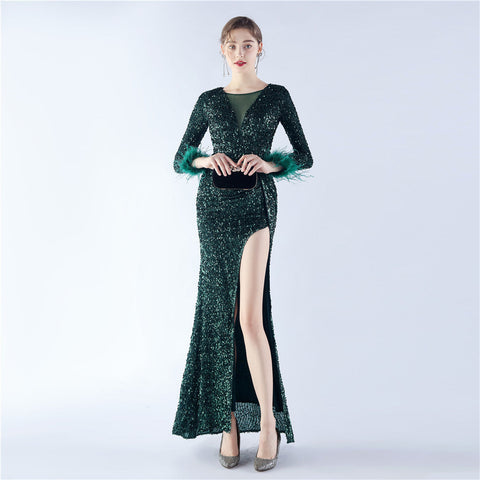 Handmade Sequin Craft Order Ostrich Feather Long Sleeve Evening Dress