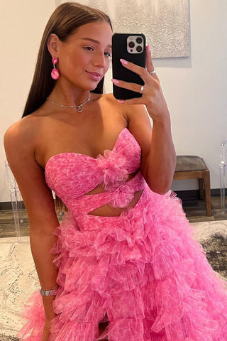 Vestido de baile de gala con escote corazón, rosa, estampado escalonado, de tul.