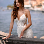 Robe de mariée sirène élégante, col en V, bretelles spaghetti, applications de dentelle, dos nu, longueur au sol, Vestidos De Novia