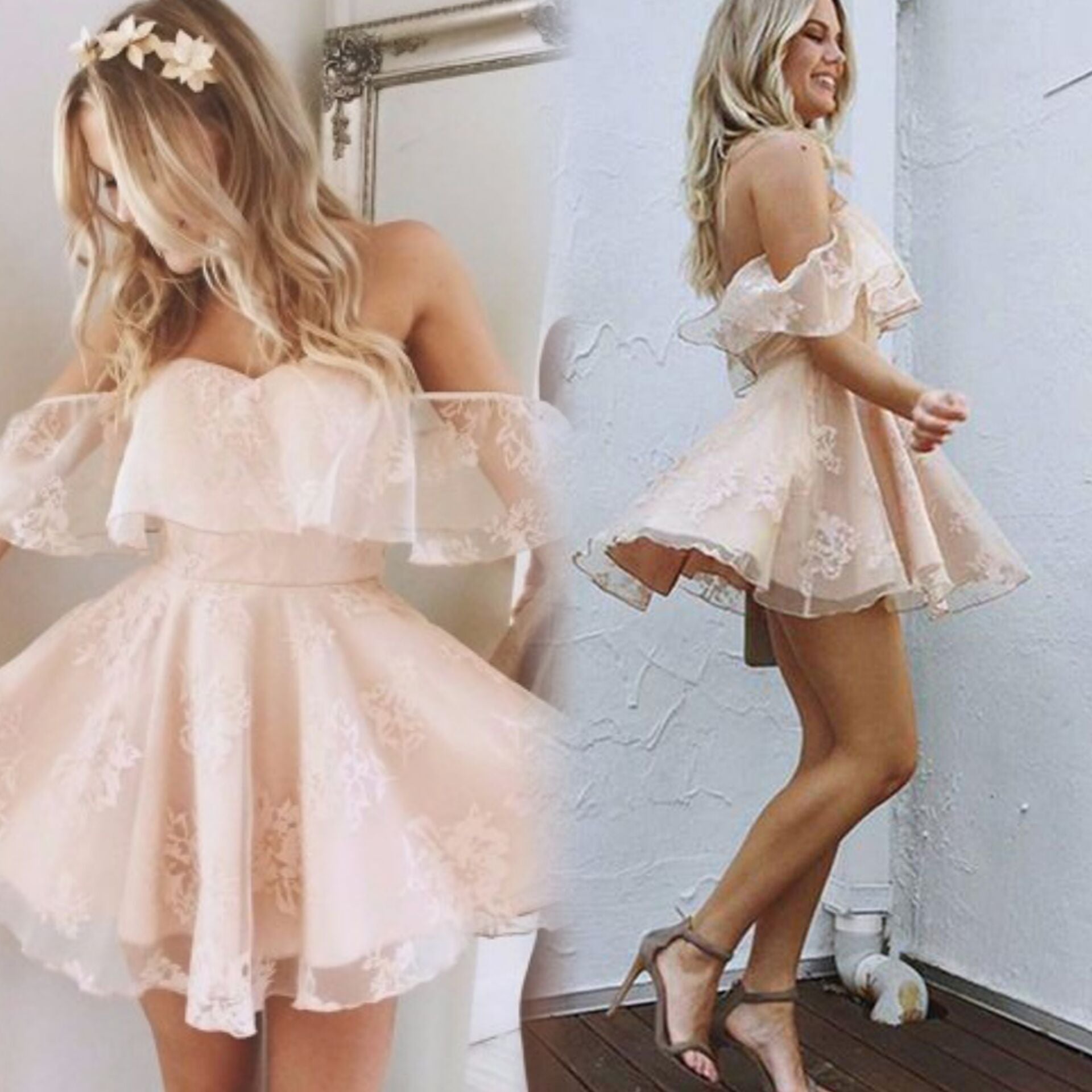 Vestidos de fiesta de encaje con hombros descubiertos y espalda media, corte en A 