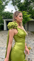 Vestido largo de fiesta sexy estilo tubo, color verde oliva, con un solo hombro, modelo Y8009