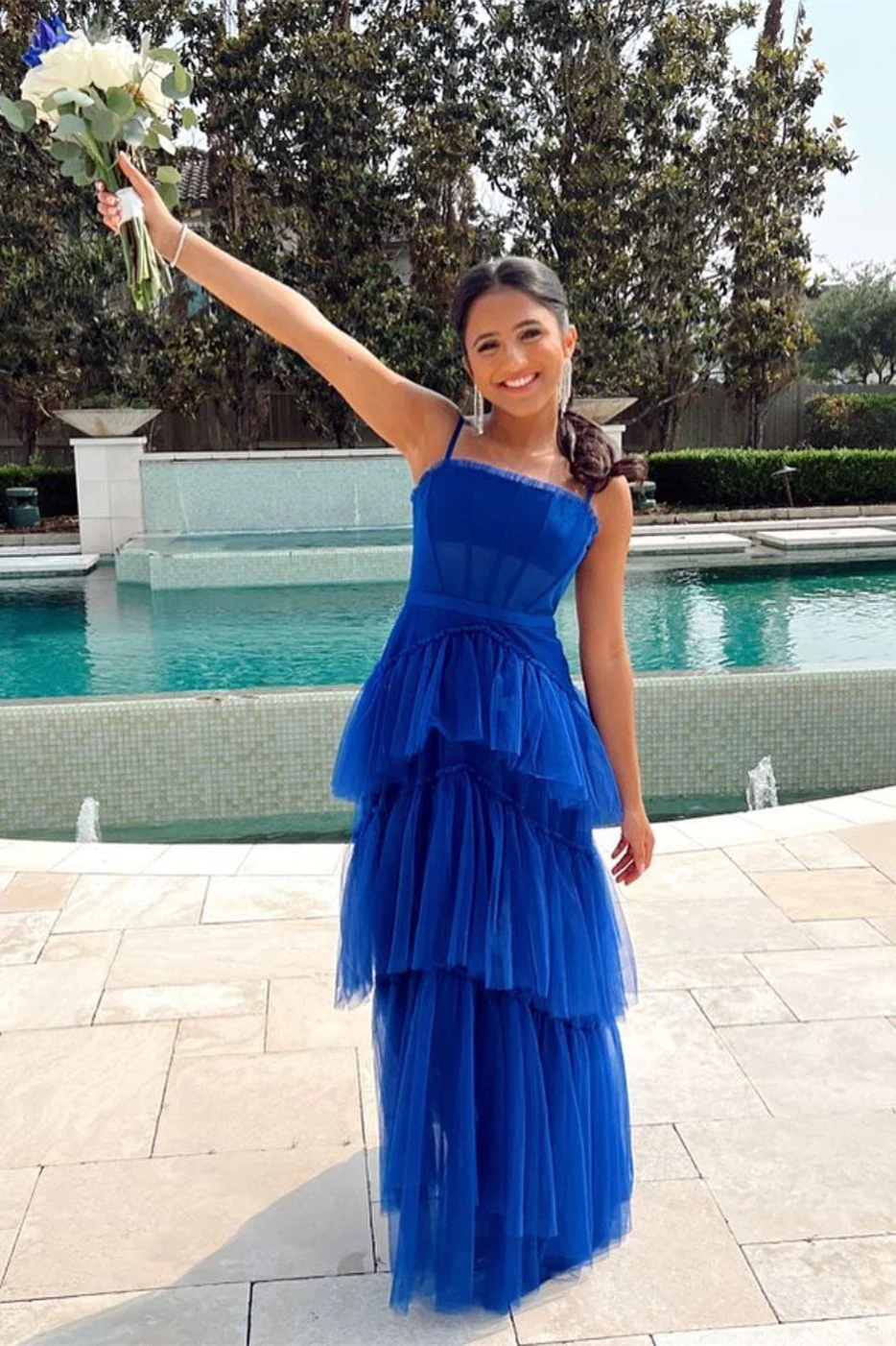 Vestidos de fiesta escalonados para mujer, vestidos de noche de tul con volantes, vestido formal sin mangas con corsé Y4210