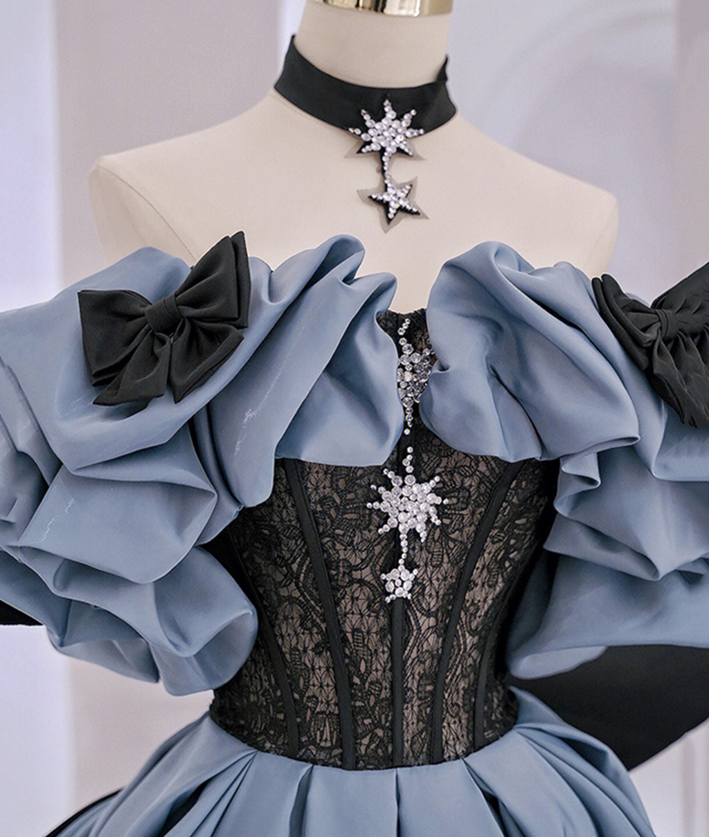 Vestido largo de fiesta de satén y encaje con hombros descubiertos, vestido de noche azul Y2619