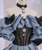 Vestido largo de fiesta de satén y encaje con hombros descubiertos, vestido de noche azul Y2619