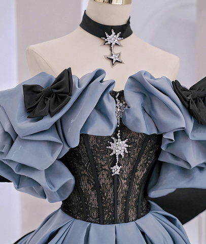 Robe de bal longue en satin et dentelle à épaules dénudées, robe de soirée bleue Y2619