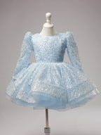 Vestido de cumpleaños para niña, azul con lentejuelas, de manga larga y hasta la rodilla. 