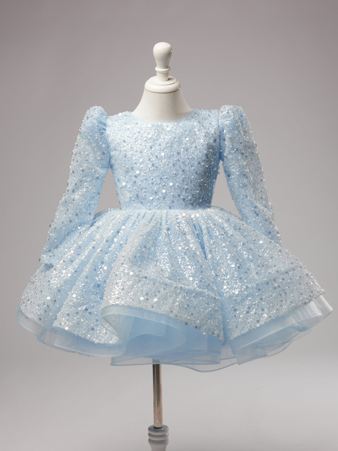 Vestido de cumpleaños para niña, azul con lentejuelas, de manga larga y hasta la rodilla. 