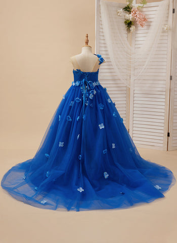 Vestido de princesa para niña de las flores con apliques y lazo azul real 