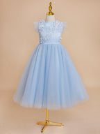 Vestido de baile/princesa de satén y tul azul hasta la rodilla (2003225970) 