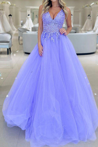 Gorgeous A Line V Neck Purple Long Prom Dress with Appliques