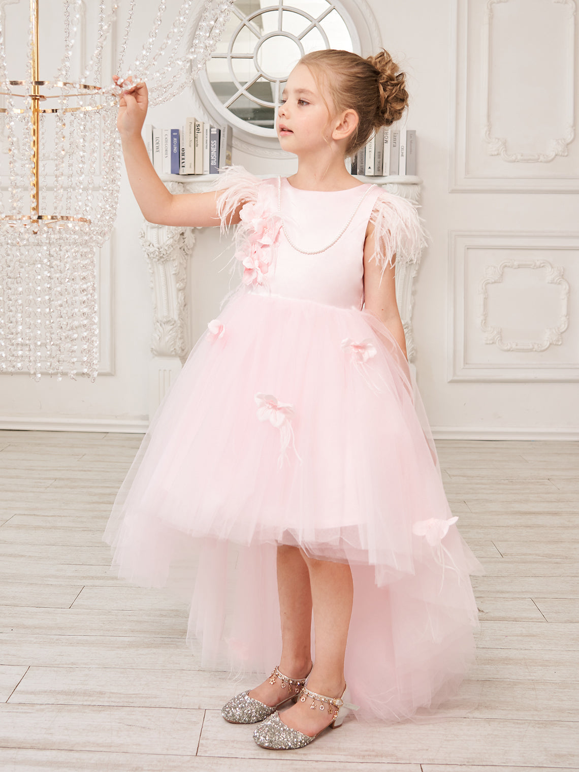 Vestido de niña de las flores de tul sin mangas estilo princesa con cuentas y lazo de plumas (010224704) 