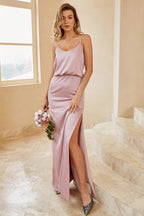 Vestido largo de dama de honor gris y rosa con tirantes finos