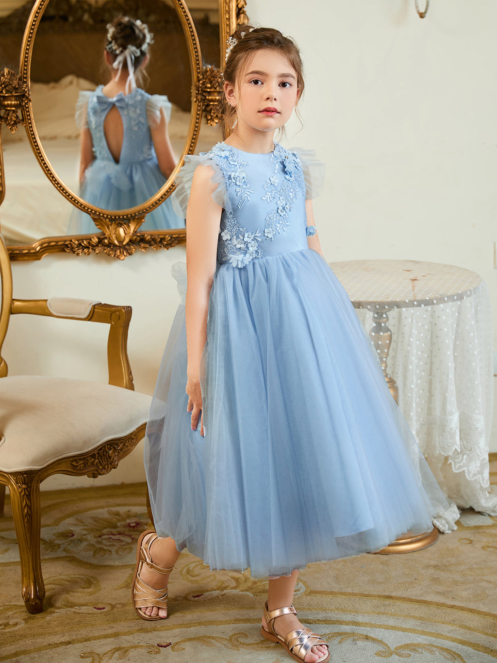 Vestido de baile/princesa de satén y tul azul hasta la rodilla (2003225970) 