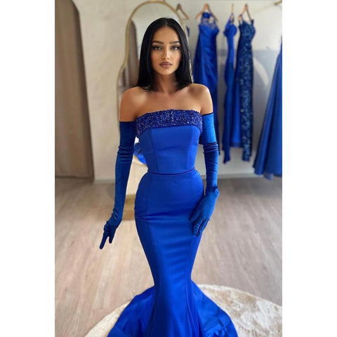 Vestido largo de noche de sirena sin tirantes, sin mangas, con lentejuelas y cuentas, de satén.