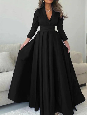 Gown Elegant Formal Length Sleeve V Neck with Pleats Evening Dress