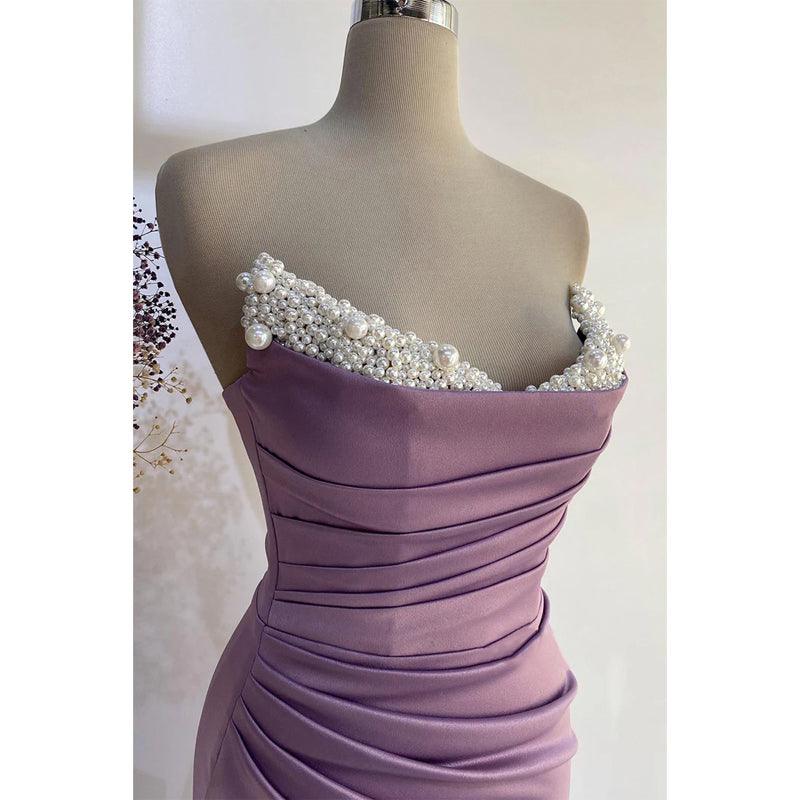 Vestido de noche para fiesta de graduación, escote en V, sin tirantes, con pliegues de cuentas y abertura lateral 