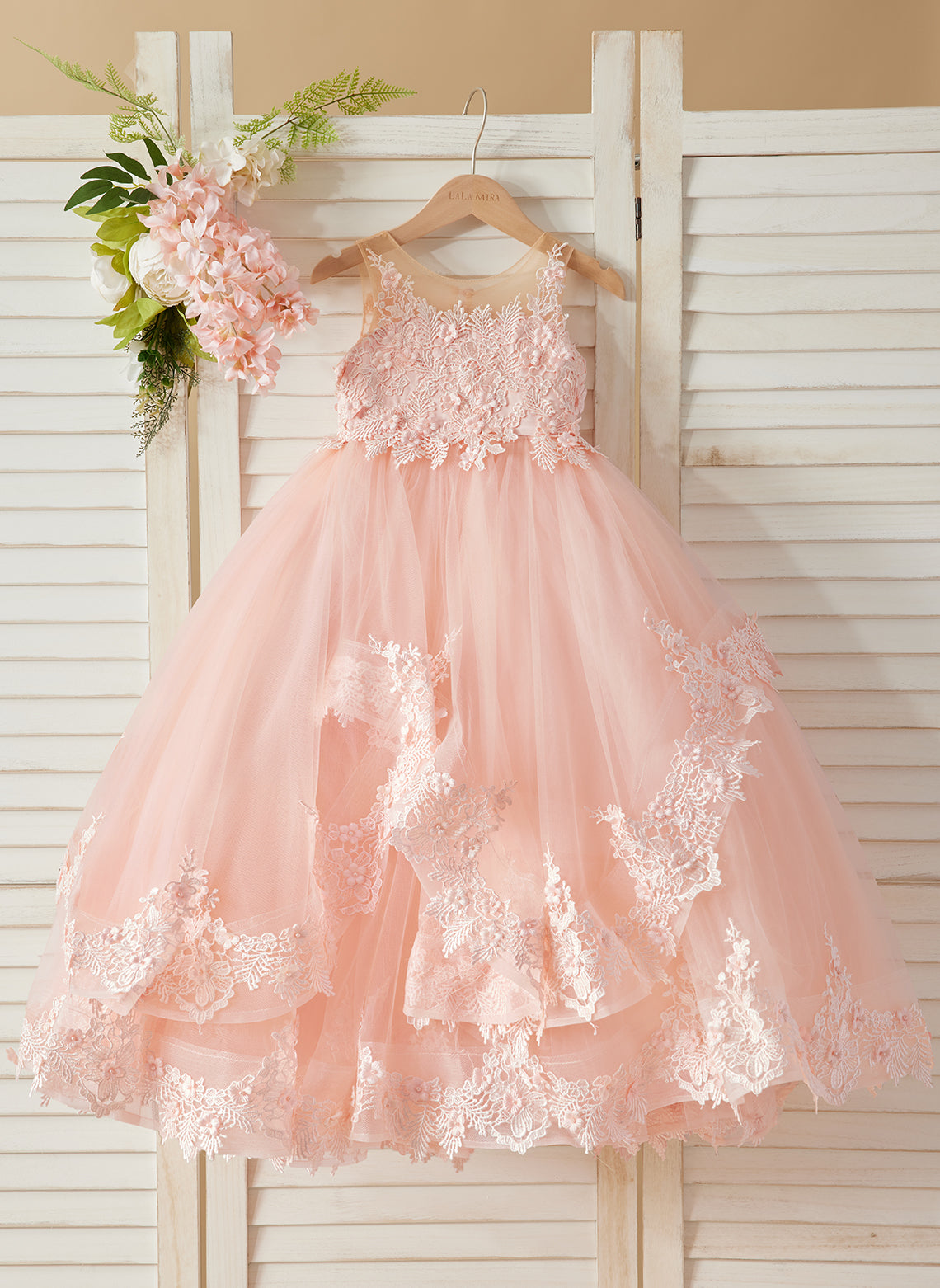 Vestido de princesa sin mangas de tul con apliques de encaje y cola corta para niñas 