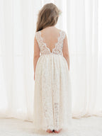 Vestido boho de niña de las flores color marfil, corte en A, de encaje y largo hasta el tobillo 