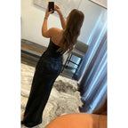 Vestido largo de noche de fiesta sin tirantes, con lentejuelas y abertura, sin mangas y sin tirantes.