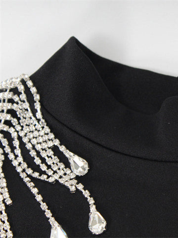 Vestidos de noche midi de manga larga, espalda cruzada, abertura lateral, cuello alto con borlas, corte ajustado. 