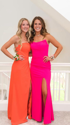 Elegante vestido largo de fiesta naranja con abertura, vestido de noche rosa intenso Y2020