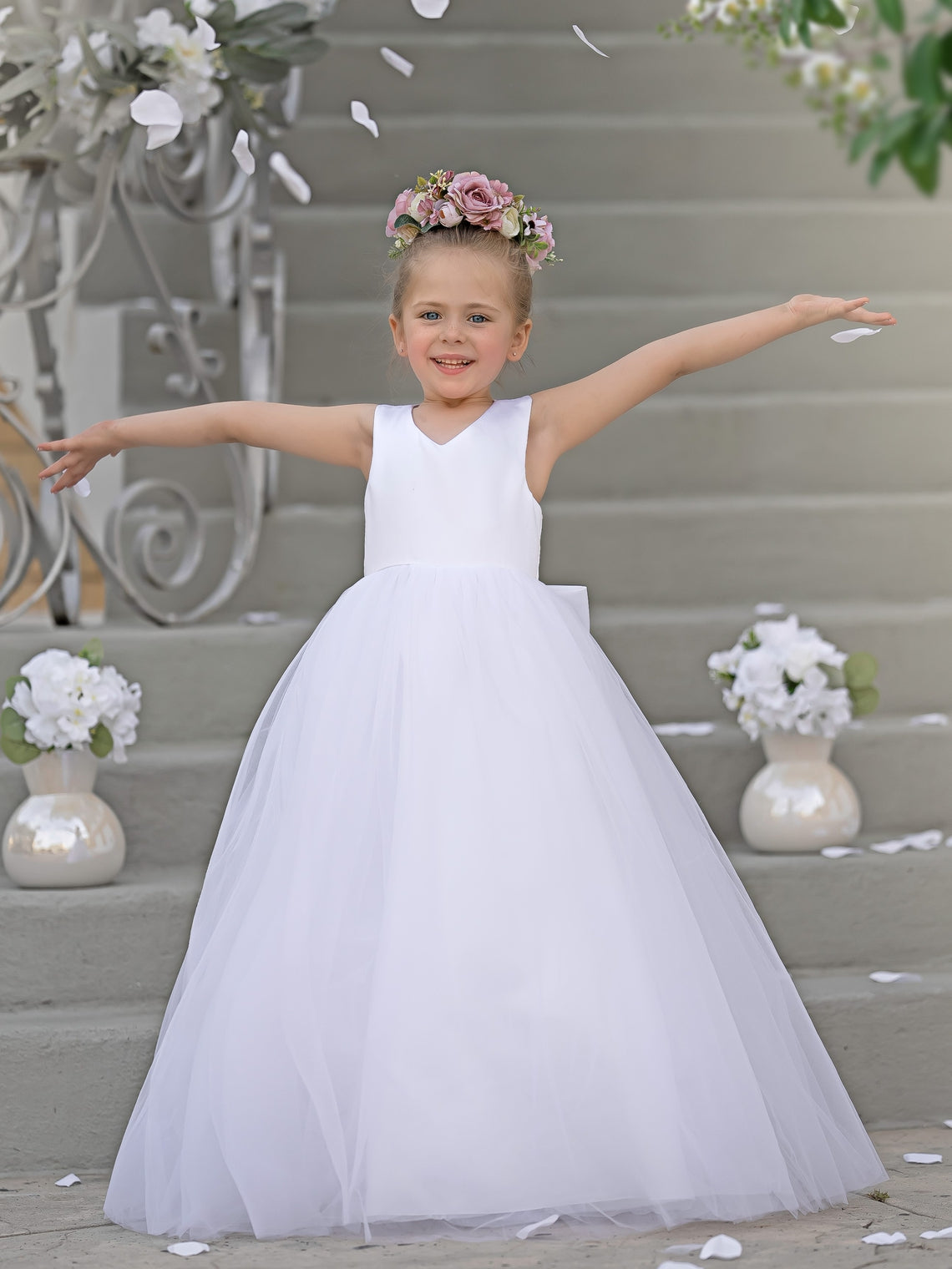 Vestido de niña de las flores clásico de corte en A sin mangas en satén y tul 