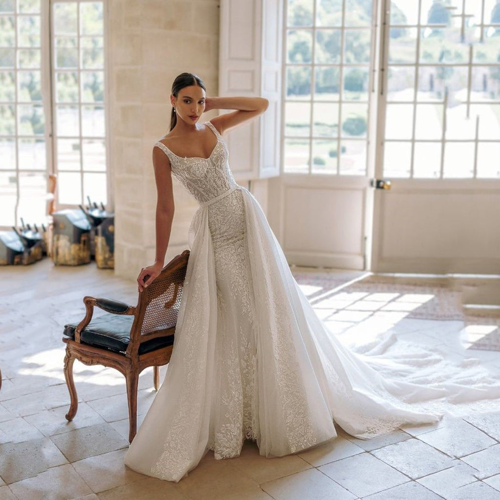 Exquisito vestido de novia para mujer, escote cuadrado, corte en A, apliques de encaje, lentejuelas, cola de tul, vestido a medida. 
