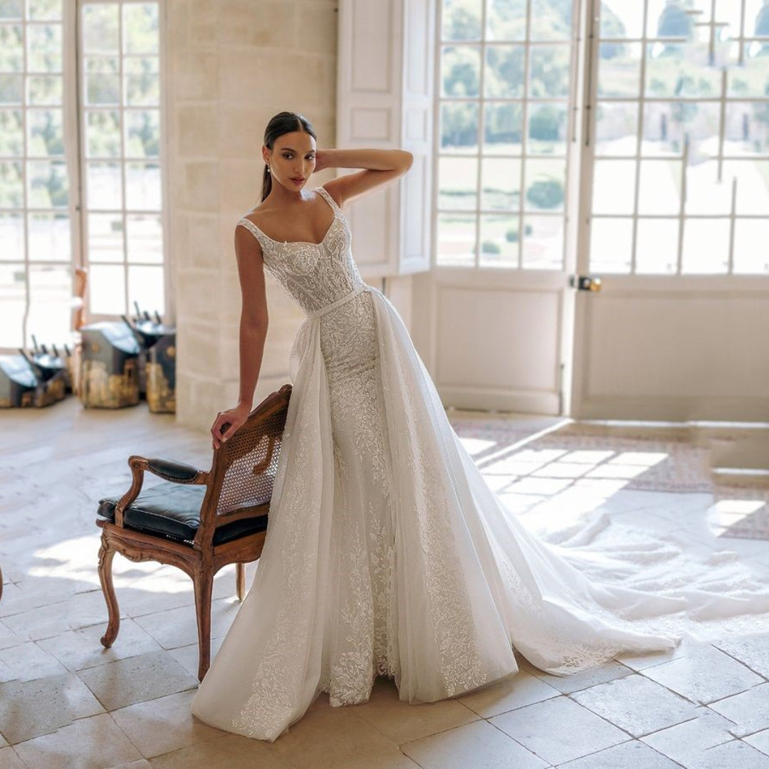 Exquisito vestido de novia para mujer, escote cuadrado, corte en A, apliques de encaje, lentejuelas, cola de tul, vestido a medida. 