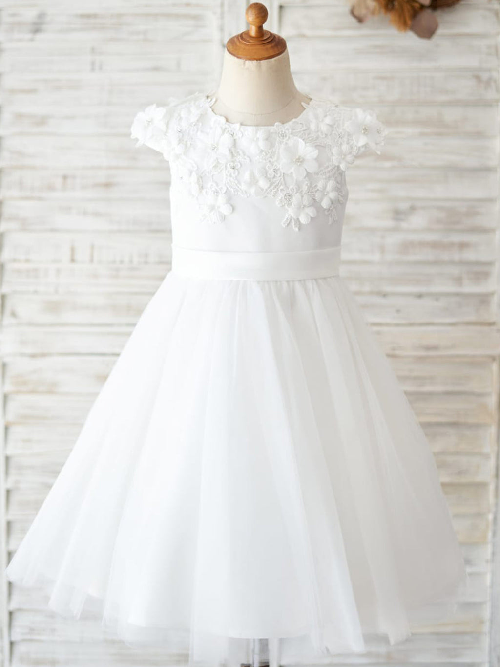 Vestido de niña de las flores de la Primera Comunión, color marfil, de tul satinado hasta la rodilla 