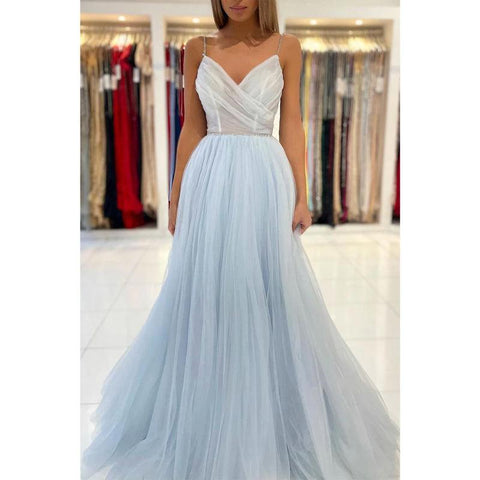 Robe de bal longue à bretelles spaghetti et col en V avec perles 