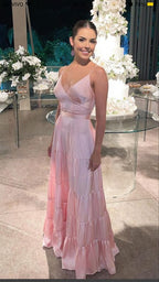 Vestido de noche rosa sin mangas, corte en A, escote en V, tirantes finos, amplio vestido de graduación rosa Y723