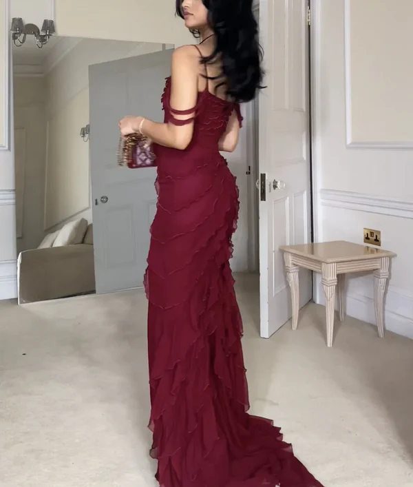Vestido de fiesta largo de gasa con abertura sexy estilo sirena Y7547