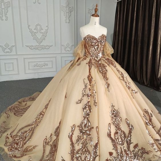 Vestidos de quinceañera dorados con escote corazón, estilo baile de gala, modelo Y2859