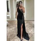 Vestido de fiesta sin mangas con lentejuelas de satén y un solo hombro con corte tubo/columna