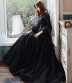 Black lace long prom dress A line evening gown Y1294